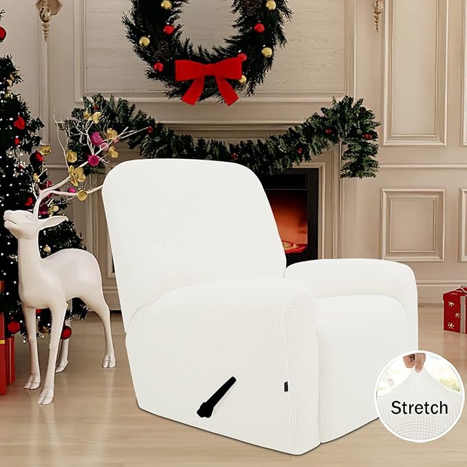 Easy-Going 4 Pieces Oversized Recliner Stretch Sofa Slipcover Sofa Cover Furniture Protector Couch Soft with Elastic Bottom, Polyester Spandex Jacquard Fabric Small Checks Cream,X-Large