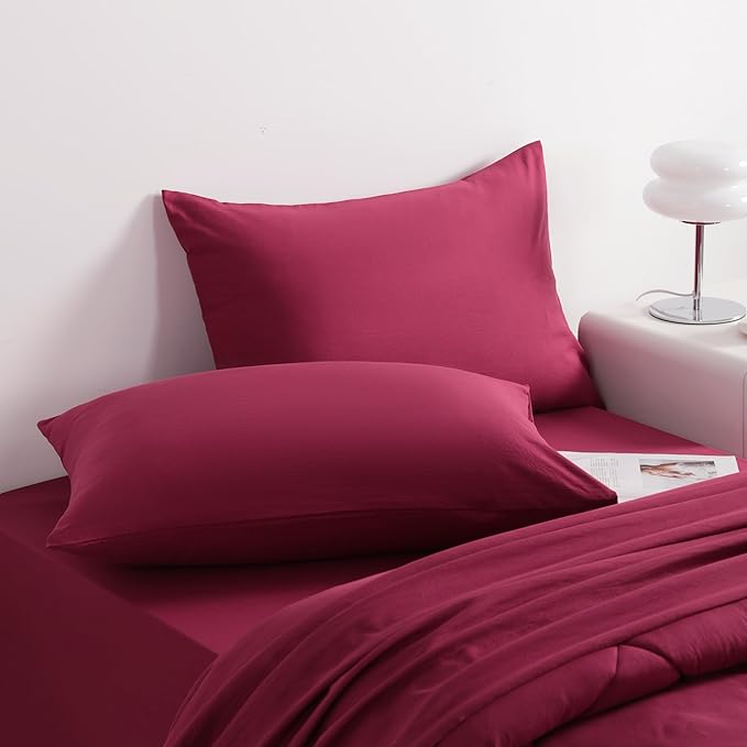 NTBAY Twin Comforter Set with Sheets, 5 Pieces Soft and Breathable Twin Bedding Set, Twin Bed in a Bag, Down Alternative Comforter Set Solid Color All Season, Kids Bedding Set, Wine Red