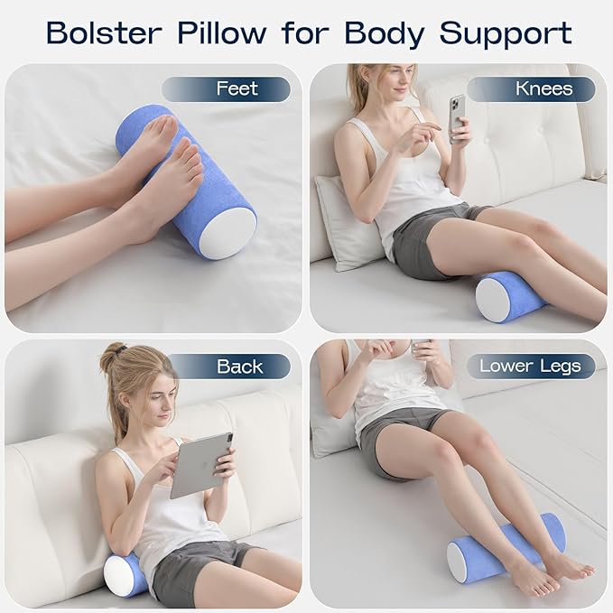 Neck Roll Cervical Pillow for Neck Pain Relief - Memory Foam Neck Pillow for Bed, Round Neck Pillows for Sleeping, 15.7 * 6 * 6inch (Blue-White)