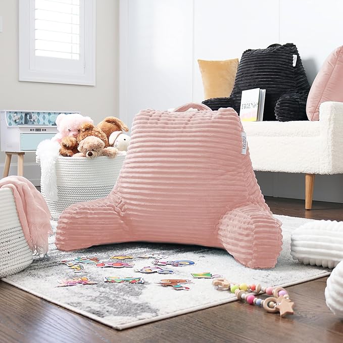 Nestl Reading Pillow with Shredded Memory Foam, Luxe Cut Plush Back Pillow for Sitting Up in Bed, Back and Arms Adjustable Support for Adult & Teens, Backrest Pillows with Washable Cover Peach Beige