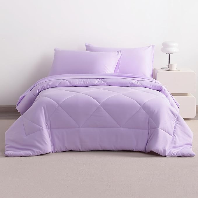 NTBAY Twin Comforter Set with Sheets, 5 Pieces Soft and Breathable Twin Bedding Set, Twin Bed in a Bag, Down Alternative Comforter Set Solid Color All Season, Kids Bedding Set, Light Purple