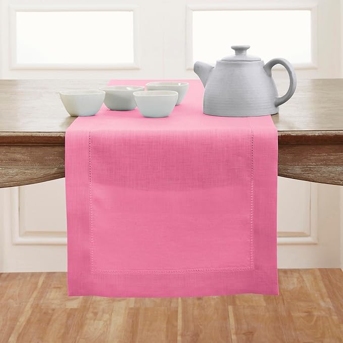 Solino Home Linen Flamingo Pink Table Runner 132 Inches Long - 100% Pure Linen Extra Long Table Runner 14 x 132 Inch for Christmas - Classic Hemstitch
