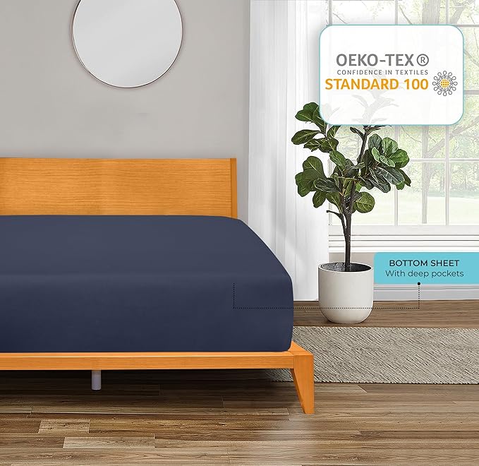 ROYALE LINENS 300 Thread Count 100% Long Staple Combed Cotton Fitted Sheet Full - Super Soft Deep Pocket Bottom Sheet - Fitted Sheets Only - Elastic Sheets (Full, Navy)