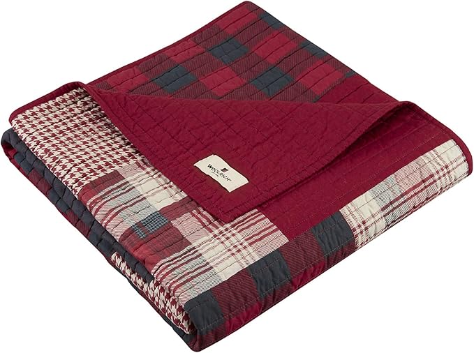 Woolrich Luxury Quilted Throw - Cabin Lifestyle, Patchwork with Moose Design All Season, Lightweight and Breathable Cozy Bedding Layer Throws for Couch Sofa, 50" W x 70" L, Sunset Red