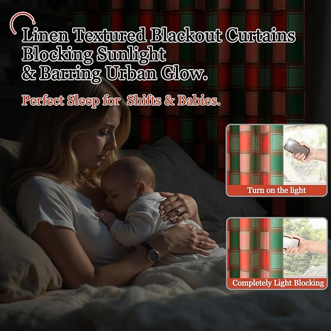 Christmas Curtains for Living Room - Plaid Linen Blackout Curtains Checkered Patterned, Thermal Insulated Gingham Striped Window Drapes for Bedroom Winter 52x72 Inch 2 Panels, Red Green