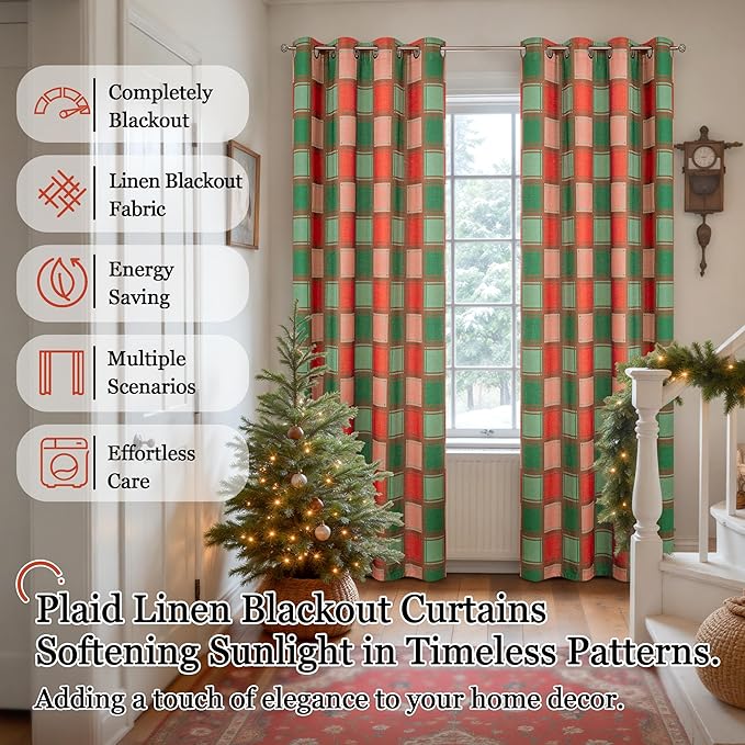 Christmas Curtains for Living Room 84 Inches Long - Plaid Patterned Linen Blackout Curtains, Gingham Printed Drapes for Bedroom Winter Decor Thermal Insulated 52x84 Inch 2 Panels, Red Green