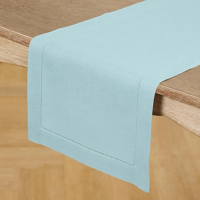 Solino Home Linen Aqua Blue Table Runner 60 Inches - Classic Hemstitch, 100% Pure Linen Coffee Table Runner 14 x 60 Inch Ideal for Dresser Tables