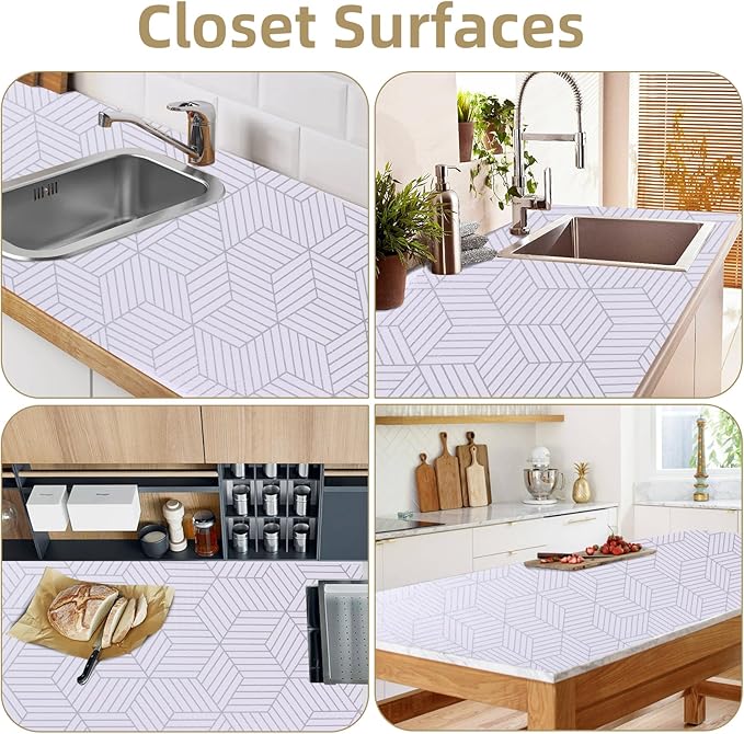 Shelf Liners for Kitchen Cabinets 12in x 30FT, Non Adhesive Cabinet Liner Strong Non-Slip Thickened Silver Geometric Easy to Clean for Shelf, Cabinet, Refrigerator with Knife and Tape Measure