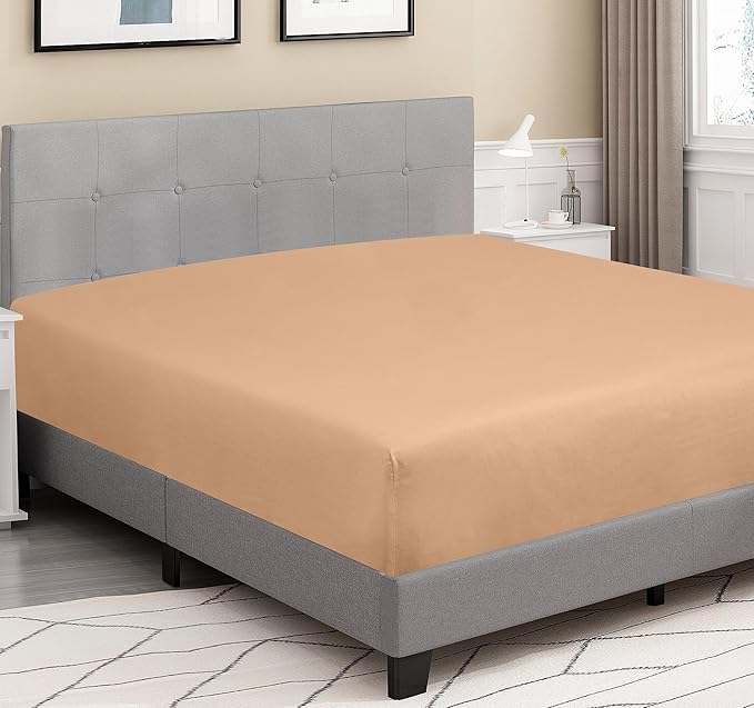 ROYALE LINENS 300 Thread Count 100% Long Staple Combed Cotton Fitted Sheet Twin XL - Super Soft Deep Pocket Bottom Sheet - Fitted Sheets Only - Elastic Sheets (Twin XL, Sand)
