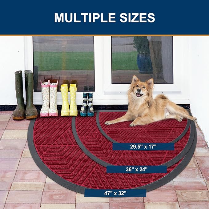 Smiry Half Circle Front Door Mat Outside Entrance, Heavy Duty Sturdy Natural Rubber Doormat, Trap Dirt and Moisture, Low Profile Mats for Indoor Outdoor Entry, Irregular Triangle (47x32, Wine Red)