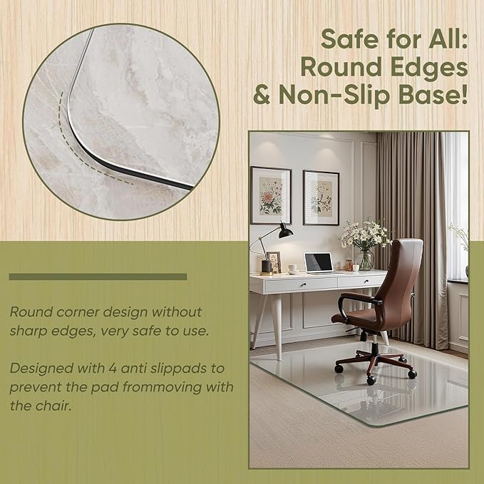 Office Chair Mat for Carpet & Hardwood, Upgraded 48" x 72" Tempered Glass Chair Mat for Office Home, with 4 Anti-Slip Pads