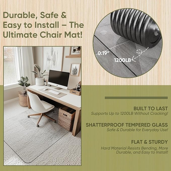 Office Chair Mat for Carpet & Hardwood, Upgraded 36" x 48" Dual Use Tempered Glass Chair Mat for Chair and Footrest Under Desk