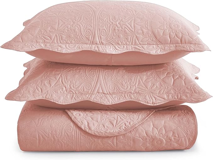 IR Imperial Rooms Twin Quilt Bedding Set Size (68" x 86") + 1 Pillow Shams (20" x 26"+ 2") - 2 Pcs All Season Lightweight Reversible Microfiber Coverlet Floral Embossed Quilt Bedspread (Baby Pink)