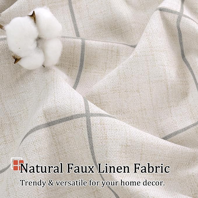 Grey Plaid Linen Blackout Curtains for Bedroom - Boho Style Curtains Thermal Insulated, Pattern Printed Rustic Drapes Window Treatments for Cottage Farmhouse, 52x63 Inch 2 Panels