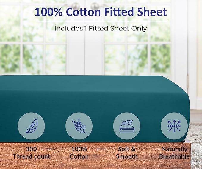 ROYALE LINENS 300 Thread Count 100% Long Staple Combed Cotton Fitted Sheet Twin XL - Super Soft Deep Pocket Bottom Sheet - Fitted Sheets Only - Elastic Sheets (Twin XL, Teal)