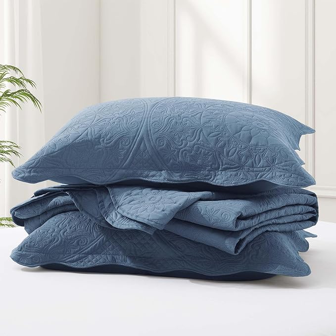 IR Imperial Rooms King Quilt Bedding Set Size (106" x 96") + 2 Pillow Shams (20" x 36"+ 2") - 3 Pcs All Season Lightweight Reversible Microfiber Coverlet Floral Embossed Quilt Bedspread (Light Blue)