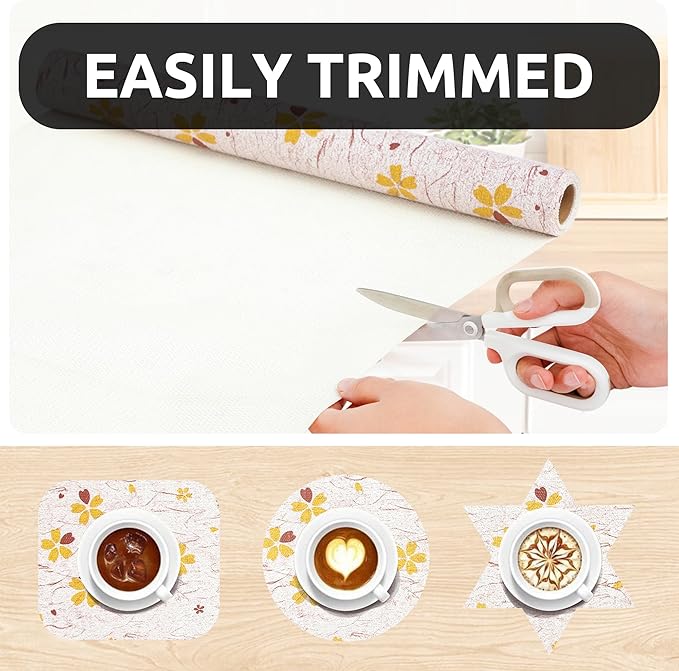 RAY STAR 12X120 Inch Shelf Liner for Kitchen Cabinets, Non-Adhesive Cabinet Liner Washable, PVC Drawer Liner for Dresser Non-Slip Bathroom (Yellow-Floral)(3 Roll)