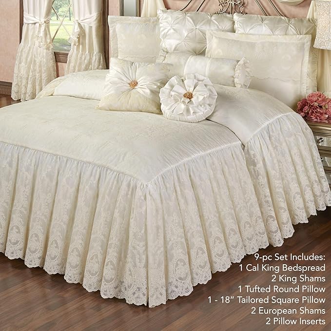 Cameo Lace Luxury Washable Polyester Bedding | Vintage | Pearl Scroll Leaf Quilting | Set of Nine: Cal King Bedspread, 2 King Shams, 2 European Pillows and 2 European Shams, Square and Round Pillows