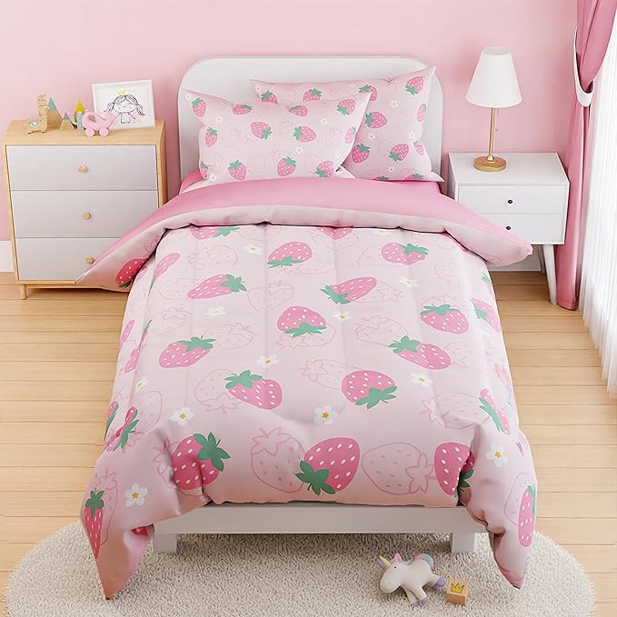 SANDJEST Strawberry Comforter Set Full Size 98x86in for Kids Girls, Microfiber 4 Pcs Bedding Set Includes 1 Comforter, 2 Pillowcases, 1 Fitted Sheet, Nursery Room Decor