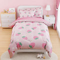 SANDJEST Strawberry Comforter Set Full Size 98x86in for Kids Girls, Microfiber 4 Pcs Bedding Set Includes 1 Comforter, 2 Pillowcases, 1 Fitted Sheet, Nursery Room Decor