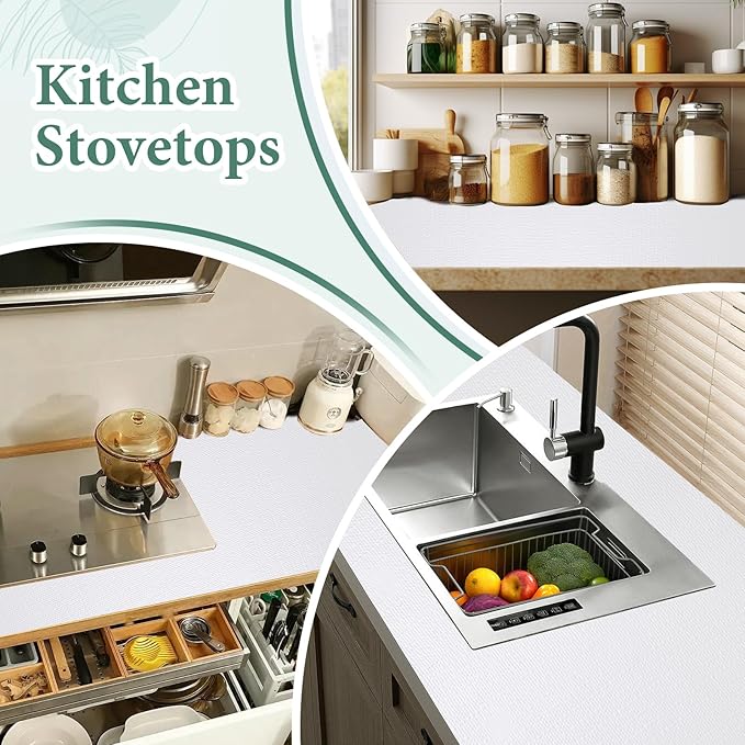 Drawer and Shelf Liner for Kitchen Cabinet: 12 in X 20 Ft Non Slip Waterproof Shelf Paper Non Adhesive Refrigerator Liners White Easy Liners for Bathroom Cupboard with Knife Tape Measure