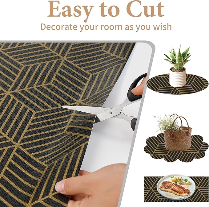 Shelf Liners for Kitchen Cabinets 12in x 30FT, Non Adhesive Cabinet Liner Strong Non-Slip Black Gold Geometric Drawer Liner, Easy to Clean for Shelf, Cabinet with Knife and Tape Measure