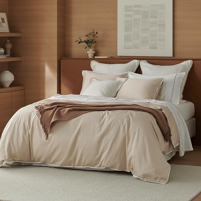 Double Stitch Cotton Tencel Duvet Cover - Queen Size Comforter Cover, Luxury & Soft Eucalyptus Lyocell Bedding Set for Hot Sleepers, Cooling & Breathable, Button Closure, Sandstone Contrast, 90"x90"