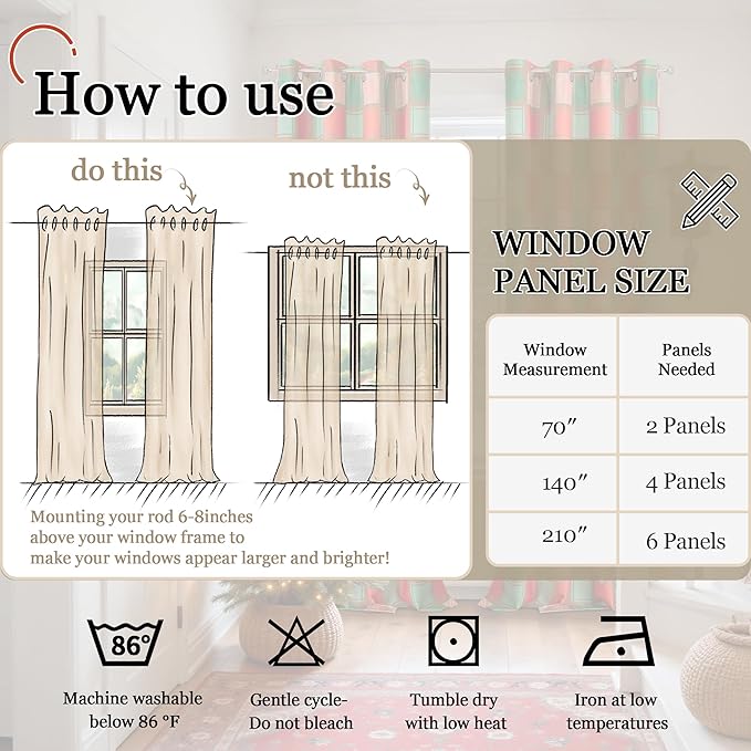 Christmas Curtains for Living Room 84 Inches Long - Plaid Patterned Linen Blackout Curtains, Gingham Printed Drapes for Bedroom Winter Decor Thermal Insulated 52x84 Inch 2 Panels, Red Green