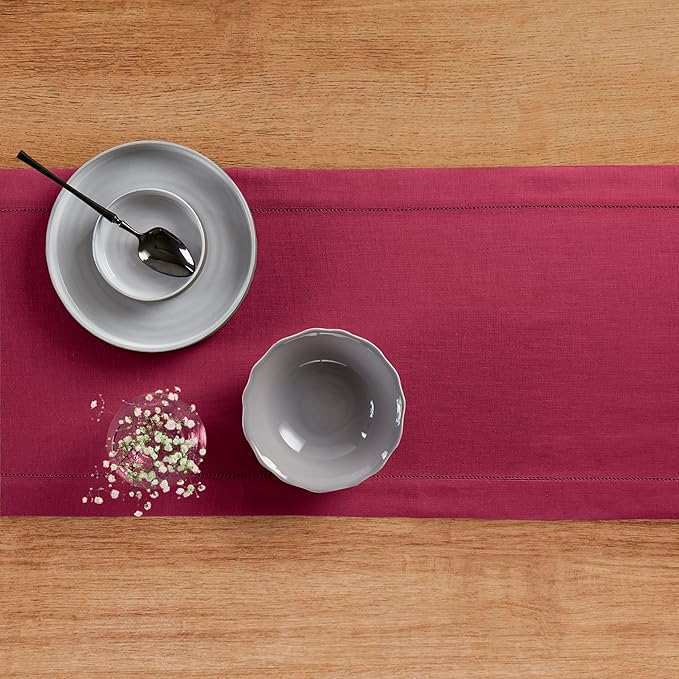 Solino Home Linen Beet Table Runner 144 Inches Long - 100% Pure Linen Extra Long Table Runner 14 x 144 Inch for Christmas, New Year - Classic Hemstitch