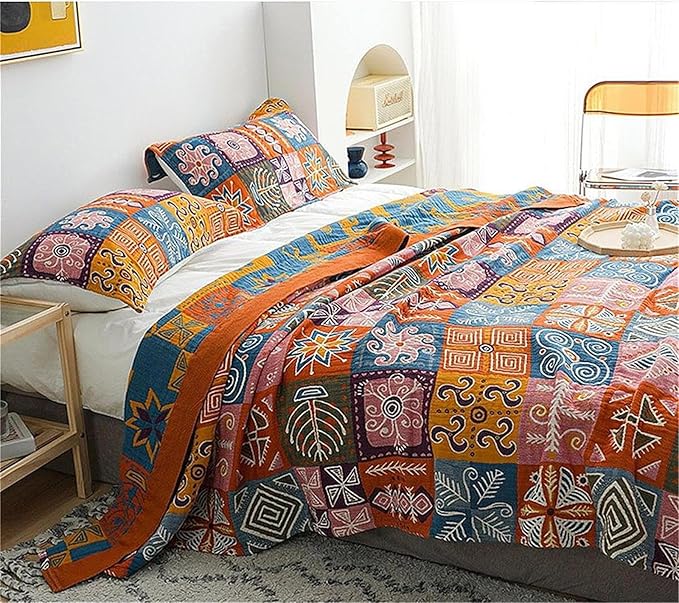 MSGKV Boho Throw Blanket King Size Christmas Blanket 100% Cotton Blankets for Couch Bed, Cotton Quilts Muslin Bed Blanket 90''x 98'' Cozy Pre-Washed Decor Gift for All Seasons