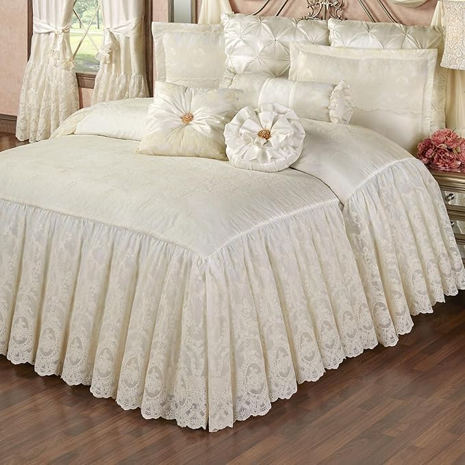 Cameo Lace Luxury Washable Polyester Bedding | Vintage | Pearl Scroll Leaf Quilting | Set of Nine: Cal King Bedspread, 2 King Shams, 2 European Pillows and 2 European Shams, Square and Round Pillows
