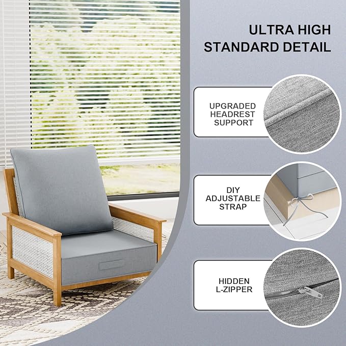 Outdoor Water-Resistant Olefin Deep Seat Cushion Set, 2PCS Weather and Fade Resistant 24''x 24''x 6'' Patio Furniture Seat Cushion, Thickened Sofa Chair Pad for Lawn, Garden, Light Gray