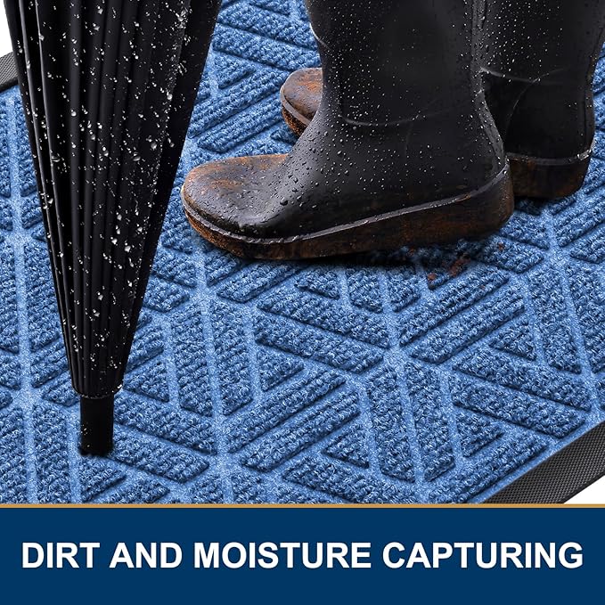 Smiry Front Door Mat Outside Entrance, Heavy Duty Sturdy Natural Rubber Doormat, Trap Dirt and Moisture, Easy Clean Low Profile Mats for Indoor Outdoor Entry, Grid Geometric (36x24, Blue)