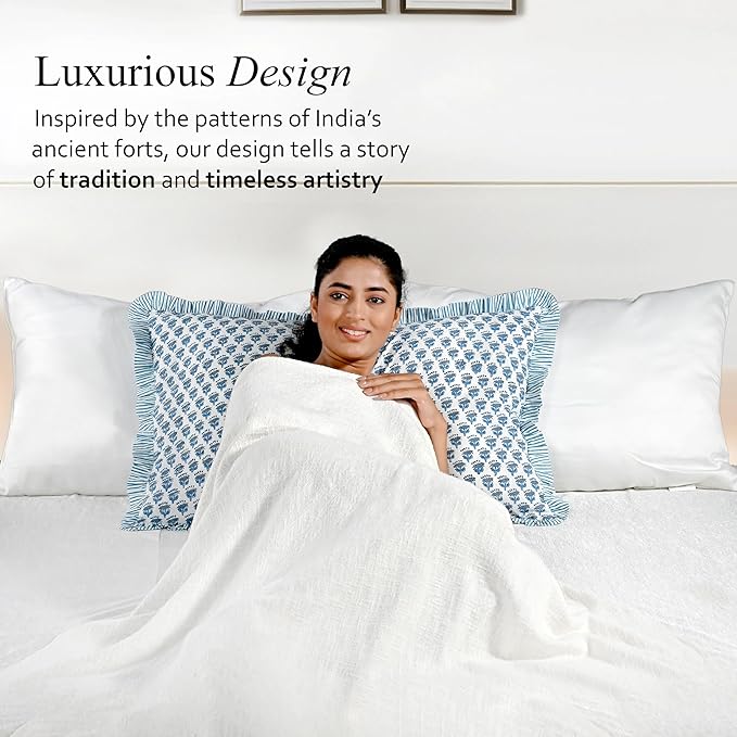 CPC Apatite Blue 100% Cotton Block Print Ruffle Sham Cover 20X30 inch Pack of 2, Handmade Boho Floral Pillowcase, Soft Decorative Lumar Cushion Cover for Bedroom Décor