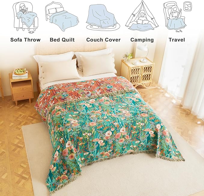 MSGKV Boho Throw Blanket 50"x60" Floral Blankets for Couch 100% Cotton Chair Sofa Throws Lightweight Farmhouse Muslin Breathable Bed Blankets Home Decor All Seasons