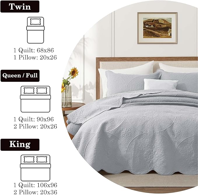 IR Imperial Rooms King Quilt Bedding Set Size (106" x 96") + 2 Pillow Shams (20" x 36"+ 2") - 3 Pcs All Season Lightweight Reversible Microfiber Coverlet Floral Embossed Quilt Bedspread (Silver)