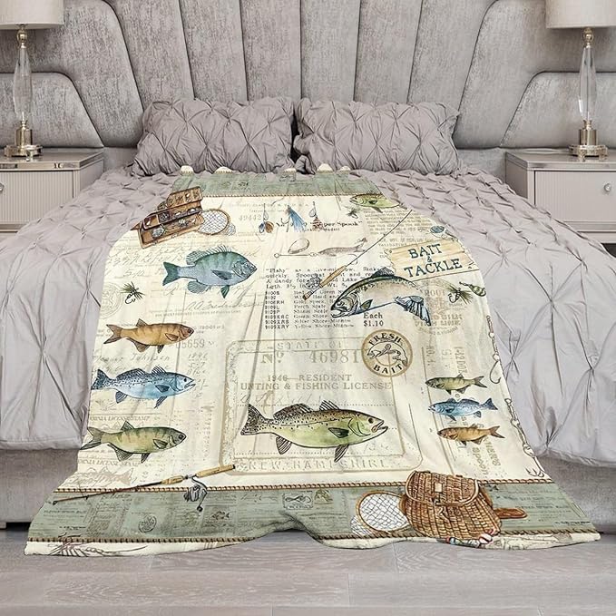 Fishing Blanket Gifts for Men and Kids - Soft Warm Cozy Fleece Throw for Adults - Fish Theme Couch Sofa Bed Cover 40"x50"
