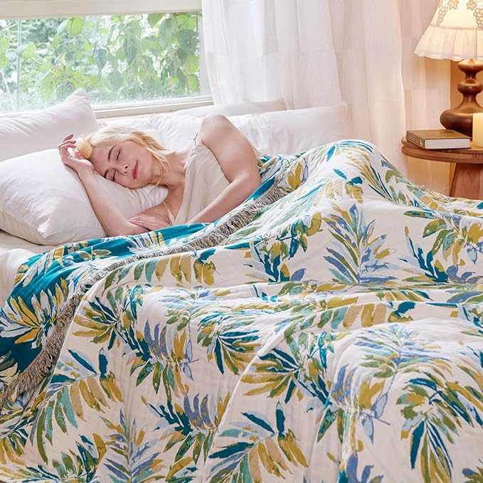 MSGKV Boho Throw Blanket for Bed Cotton 60"x80" Leaves Blanket Twin Size Couch All Seasons Muslin Breathable Lightweight Farmhouse Blankets