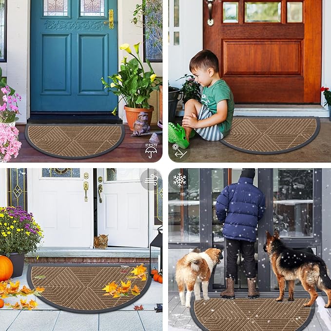 Smiry Half Circle Front Door Mat Outside Entrance, Heavy Duty Sturdy Natural Rubber Doormat, Trap Dirt and Moisture, Low Profile Mats for Indoor Outdoor Entry, Irregular Triangle (36x24, Brown)