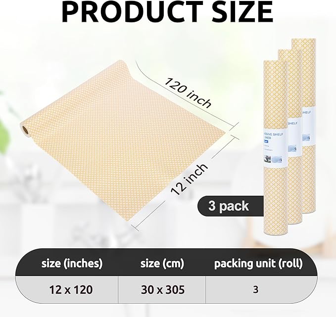 RAY STAR 12X120 Inch Shelf Liner for Kitchen Cabinets, Non-Adhesive Cabinet Liner Washable, PVC Drawer Liner for Dresser Non-Slip Bathroom (Yellow Circle)(3 Roll)