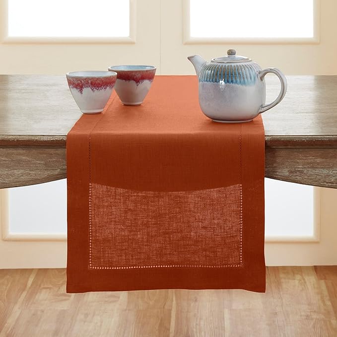 Solino Home Linen Cinnamon Table Runner 90 Inches Long - 100% Pure Linen Hemstitch 14 x 90 Inch Table Runner for Dining, Winter - Classic Hemstitch