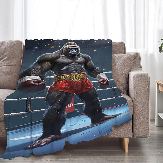 Gorilla Boxing Throw Blanket - Funny Boxing Gifts and Decor - Soft, Warm, Cozy Fleece Blanket for Men, Women, Boys, Girls - 50"x40"