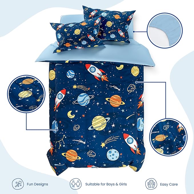 SANDJEST Outer Space Comforter Set Full Size 98x86in for Kids Boys, Microfiber 4 Pcs Bedding Set Includes 1 Comforter, 2 Pillowcases, 1 Fitted Sheet, Nursery Room Decor