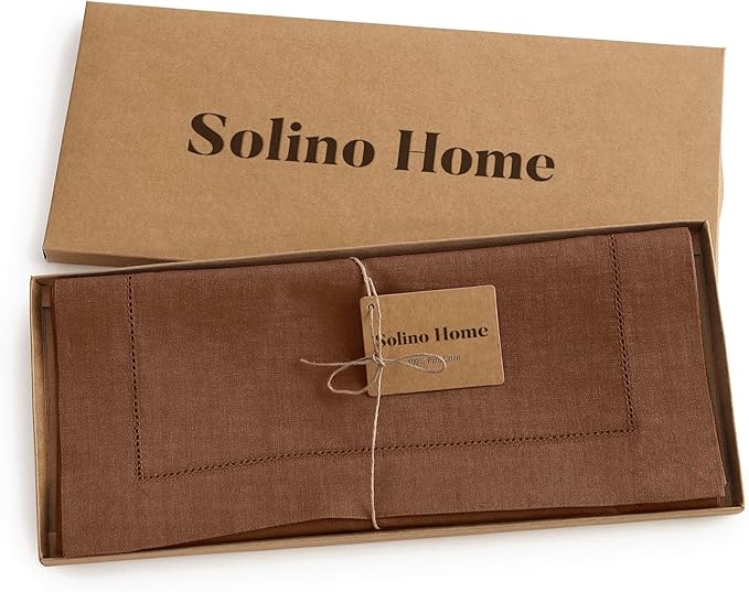 Solino Home Linen Brown Table Runner 60 Inches - Classic Hemstitch, 100% Pure Linen Coffee Table Runner 14 x 60 Inch Ideal for Dresser Tables