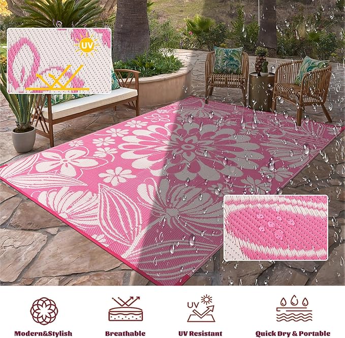 Ileading Outdoor Plastic Straw Rug 5x8ft Funny Floral Style Reversible Patio Area Rugs Waterproof Non Shedding Portable Carpets for Rv Outside Deck Pool Beach Picnic Camping (Pink)