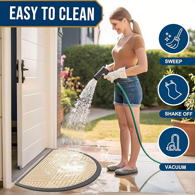 Smiry Half Circle Front Door Mat Outside Entrance, Heavy Duty Sturdy Natural Rubber Doormat, Trap Dirt and Moisture, Low Profile Mats for Indoor Outdoor Entry, Irregular Triangle (36x24, Beige)