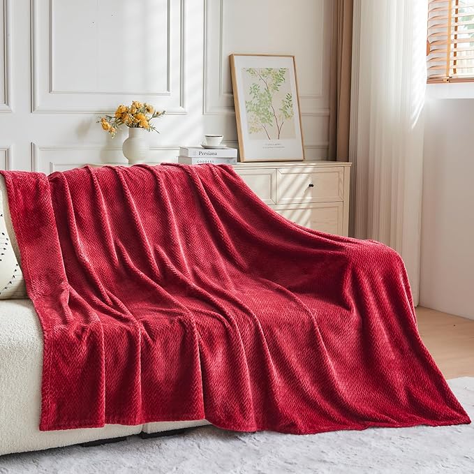 NEWCOSPLAY Super Soft Throw Blanket Red Premium Silky Flannel Fleece Leaves Pattern Lightweight Bed Blanket All Season Use (Red, Throw(50"x60"))