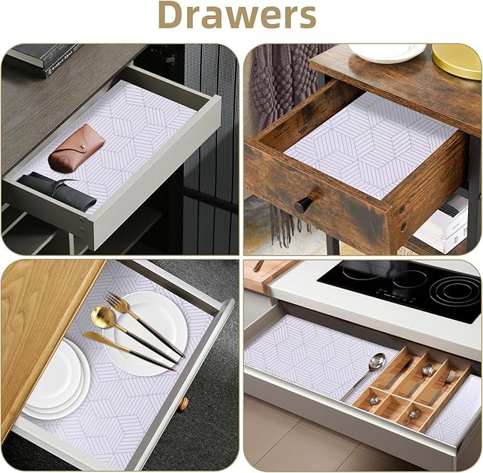 Shelf Liners for Kitchen Cabinets 24in x 30FT, Non Adhesive Cabinet Liner Strong Non-Slip Thickened Silver Geometric Easy to Clean for Shelf, Cabinet, Refrigerator with Knife and Tape Measure