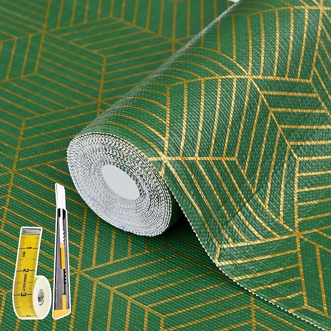 Shelf Liners for Kitchen Cabinets 12in x 20FT, Non Adhesive Cabinet Liner Strong Non-Slip Thickened Gold Green Geometric Drawer Liner, Easy to Clean for Shelf, Cabinet with Knife and Tape Measure