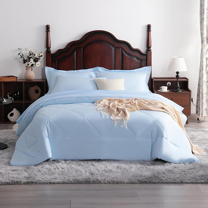 7-Piece Queen Comforter Set with Sheets – Soft and Breathable All-Season Queen Bed in a Bag, Down Alternative Comforter Set Solid Color All Season, Light Blue
